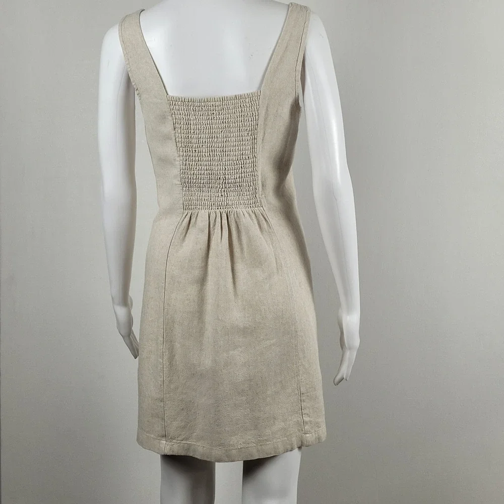 Old Navy Mini Dress Womens L Oatmeal Beige Excellent Linen Blend Smocked Back - Picture 5 of 10